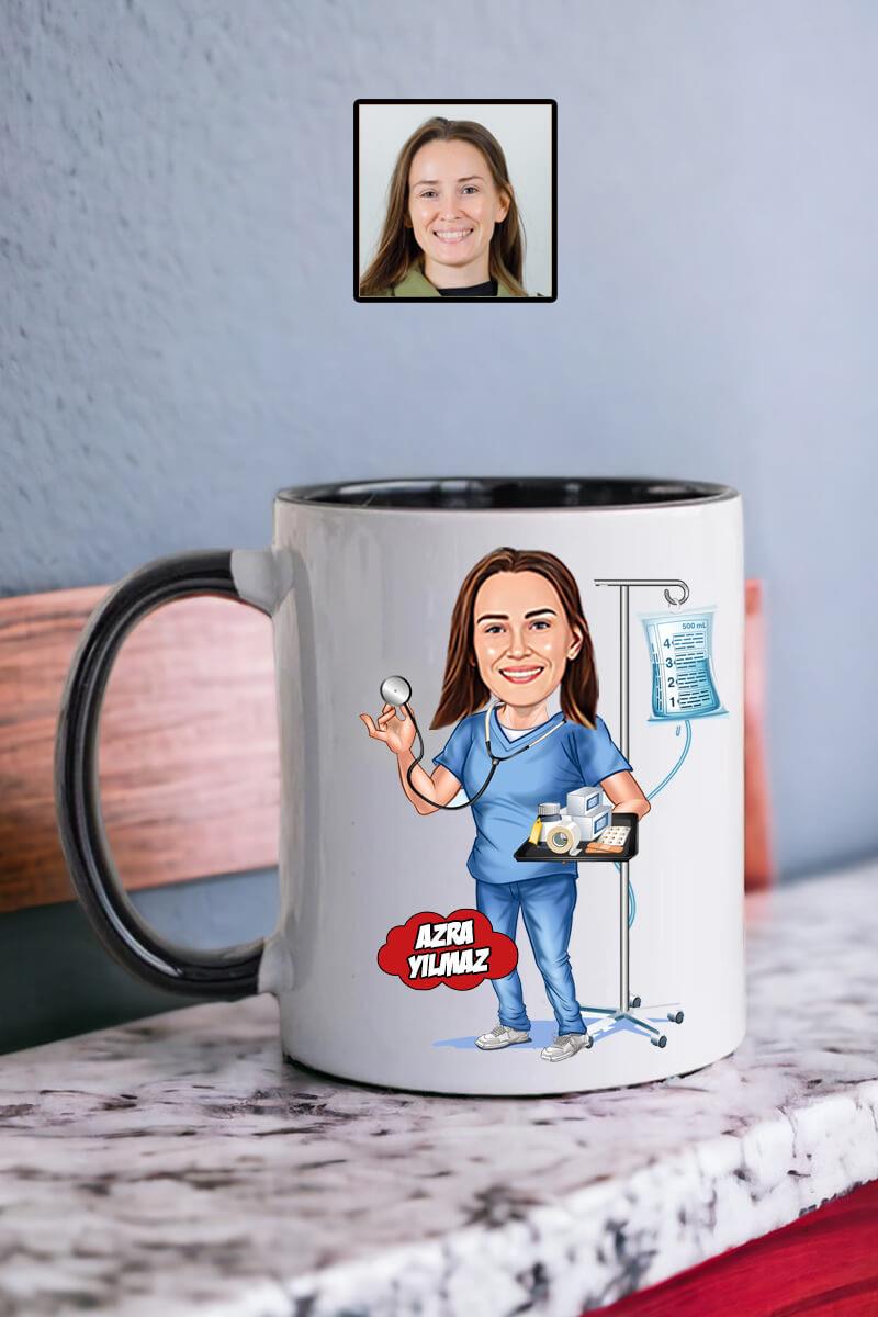 Hemşireye Hediye Hemşire Karikatürlü Kişiye Özel Kupa Bardak