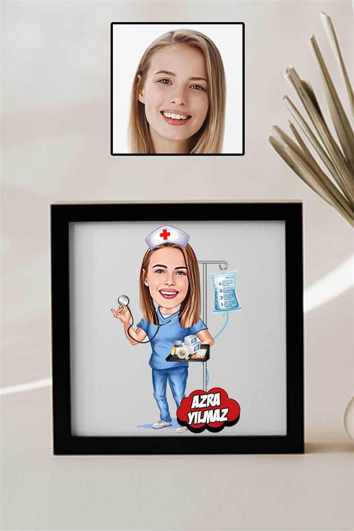Hemşireye Teşekkür Hediyesi Karikatürlü Kare Çerçeve