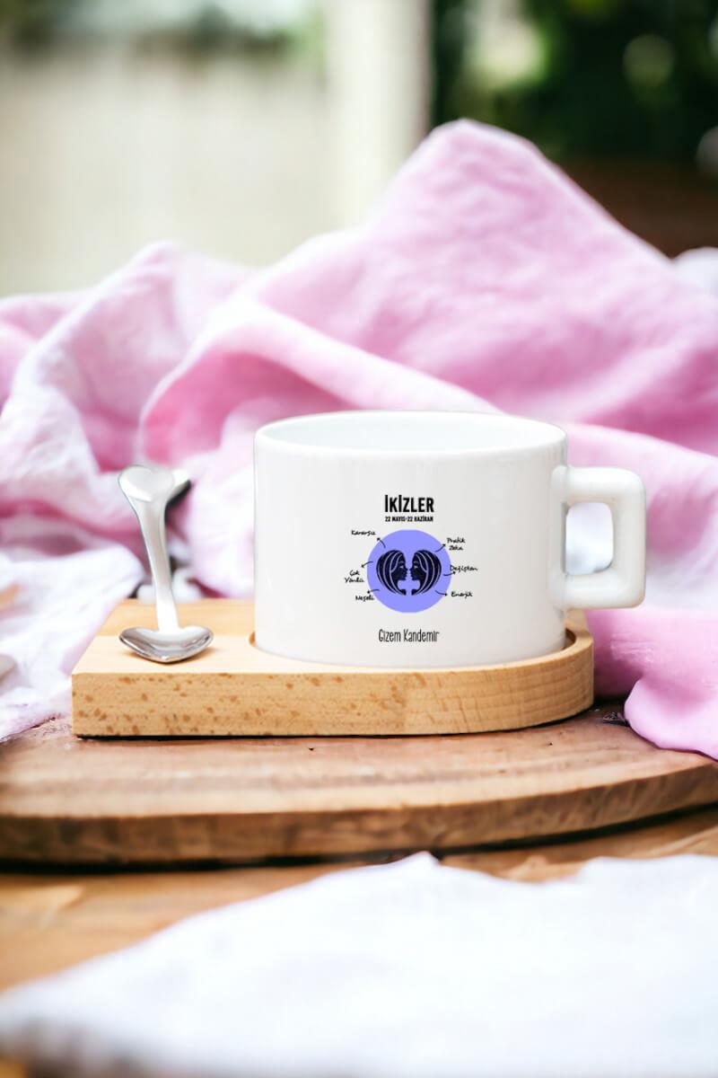 İkizler Burcu Kadına Hediye Ahşap Altlıklı Fincan