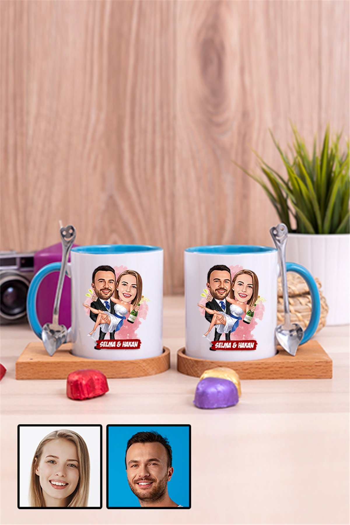 İlginç Sevgililer Günü Hediyesi Karikatürlü İkili Ahşap Altlıklı İçi Renkli Kupa Bardak