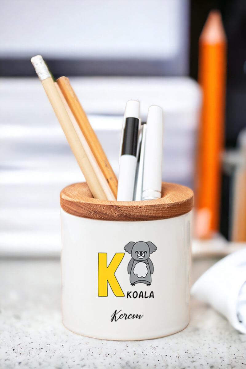 İngilizce Öğreniyorum Çocuklara Özel Baş Harfli Ahşap Kapaklı Kalemlik