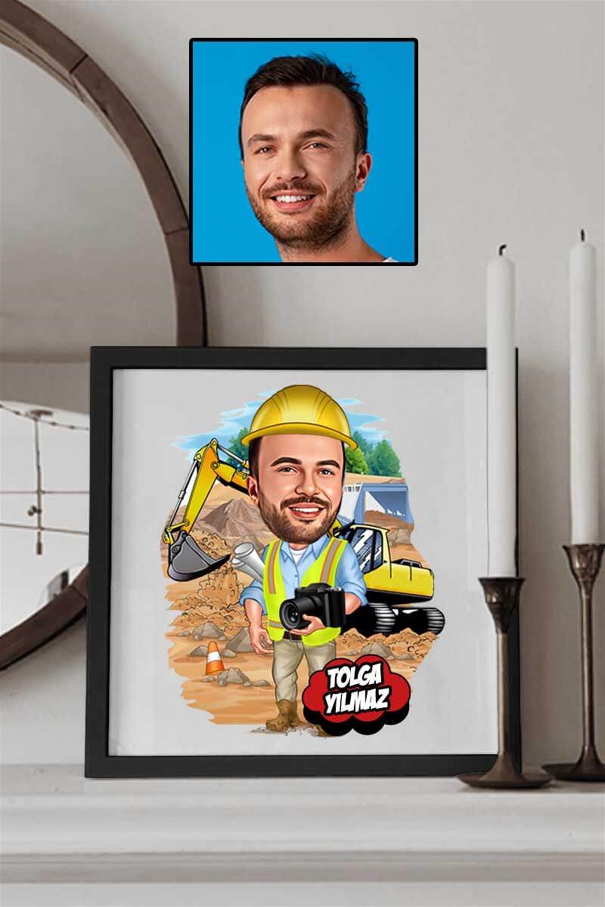 nşaat Mühendisi Sevgiliye Hediye Karikatürlü Kare Çerçeve