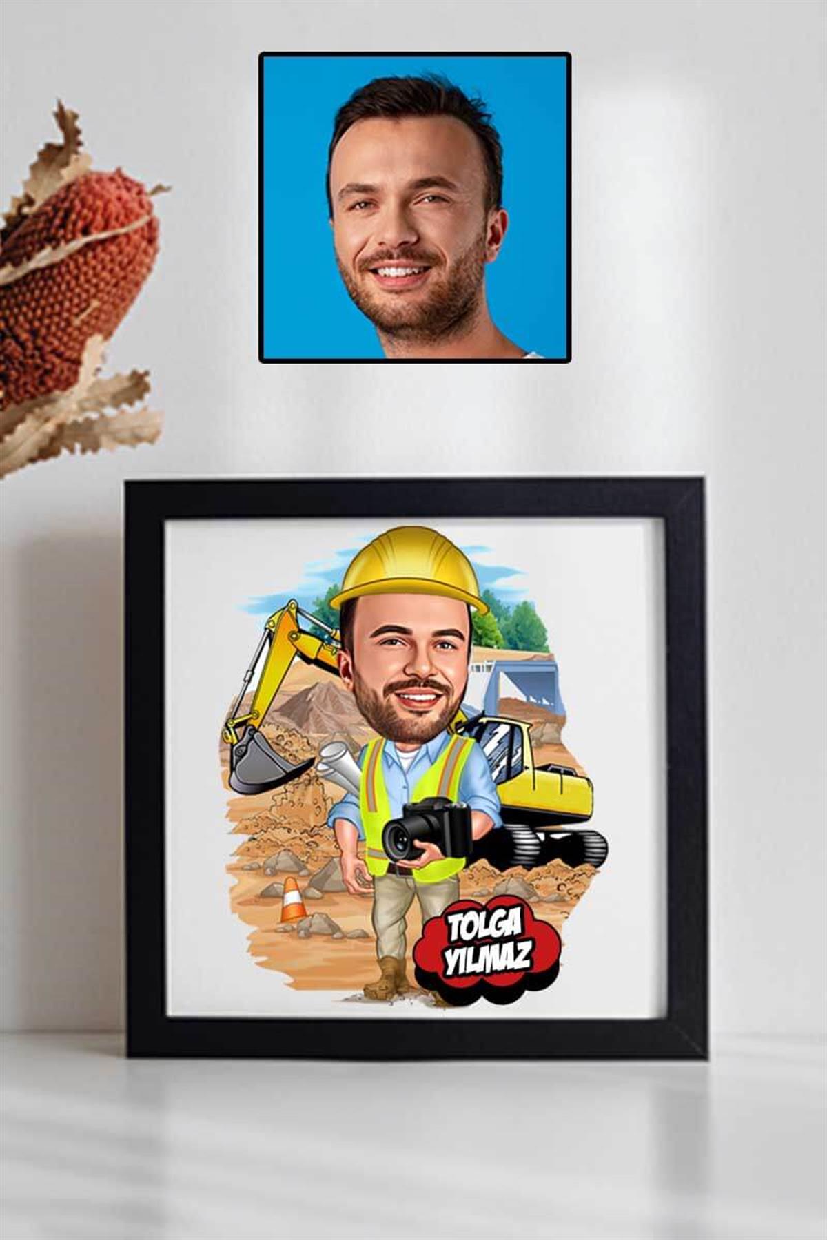 nşaat Mühendisi Sevgiliye Hediye Karikatürlü Kare Çerçeve