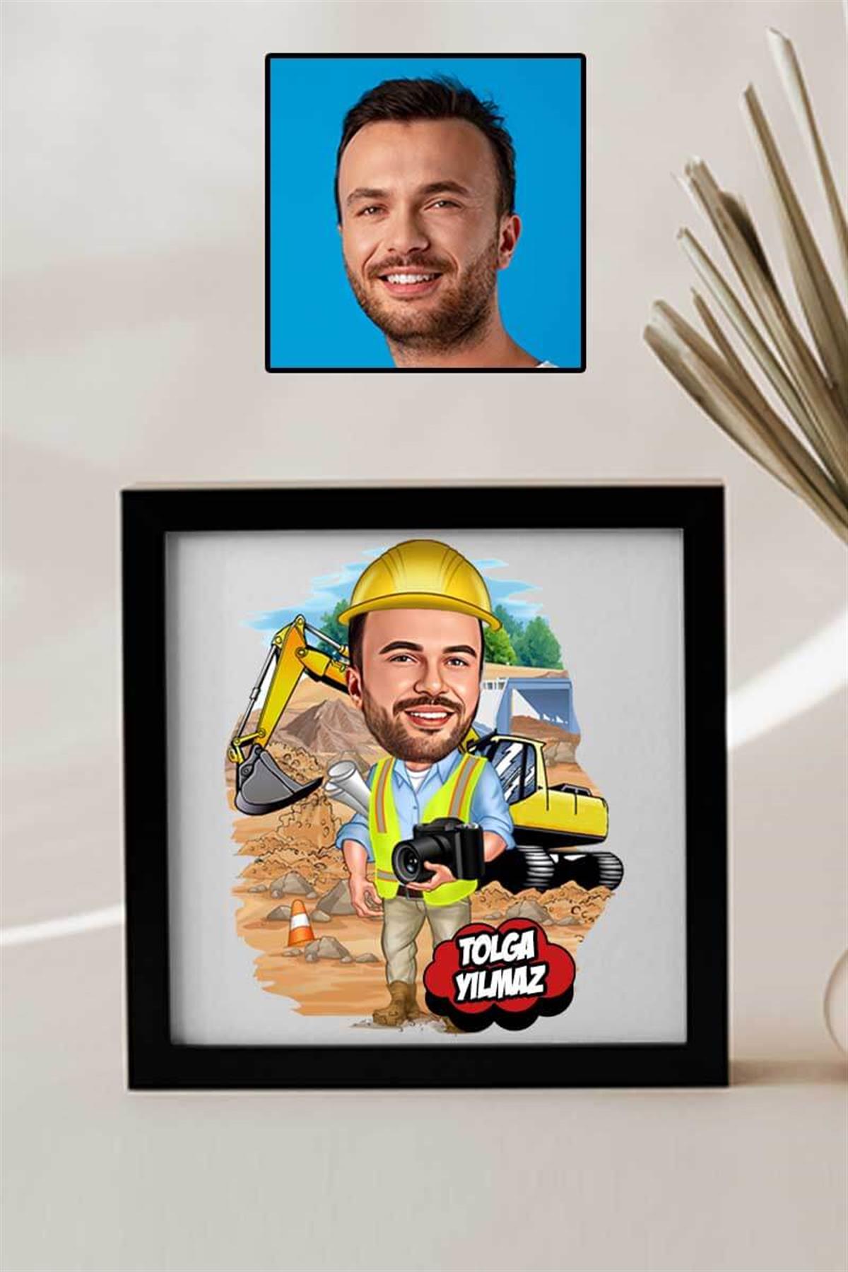 İnşaat Mühendisi Sevgiliye Hediye Karikatürlü Kare Çerçeve