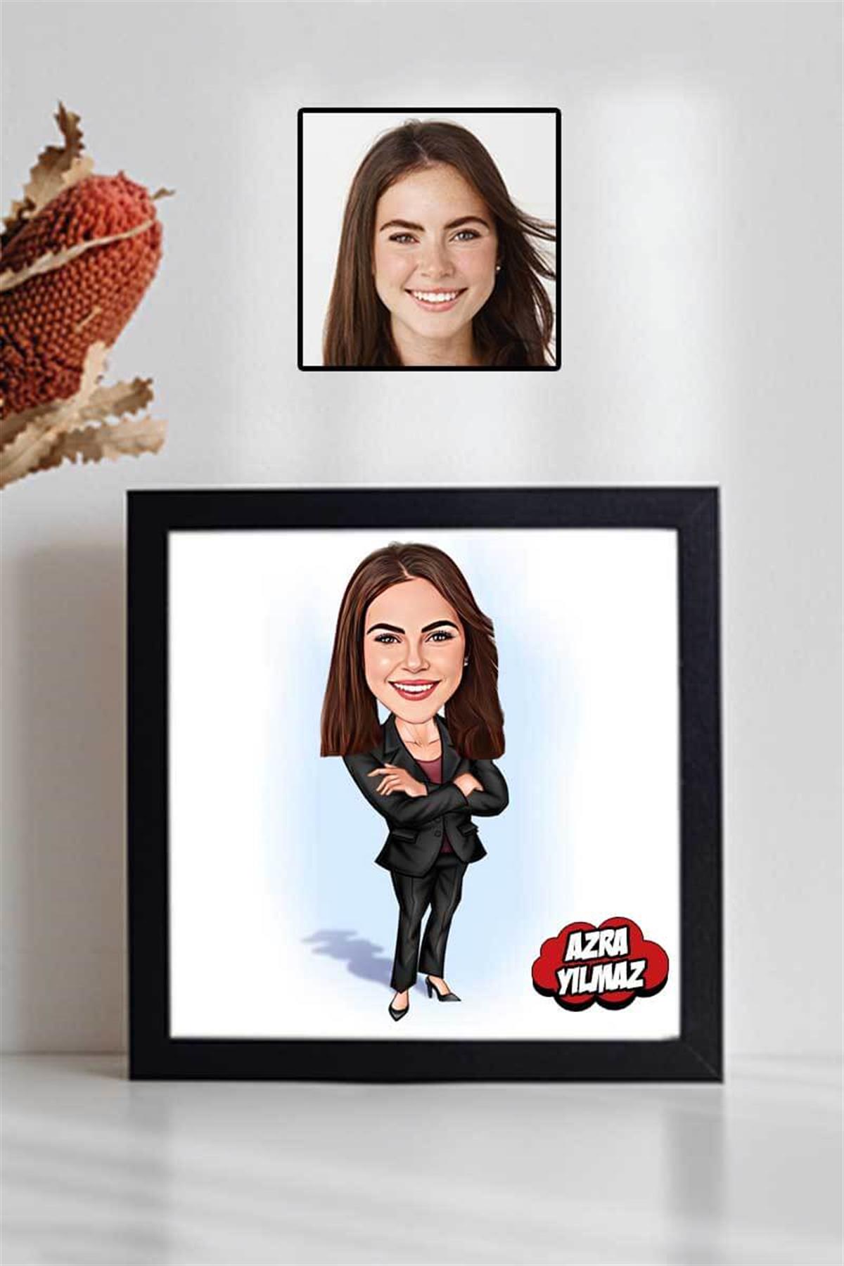 İş Kadınına Hediye Karikatürlü Kare Çerçeve