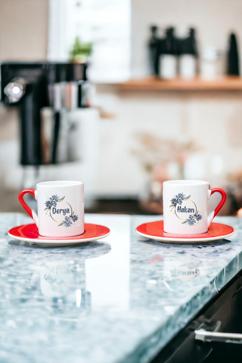 İsme Özel Çiçek Desenli İkili Kırmızı Türk Kahvesi Fincanı