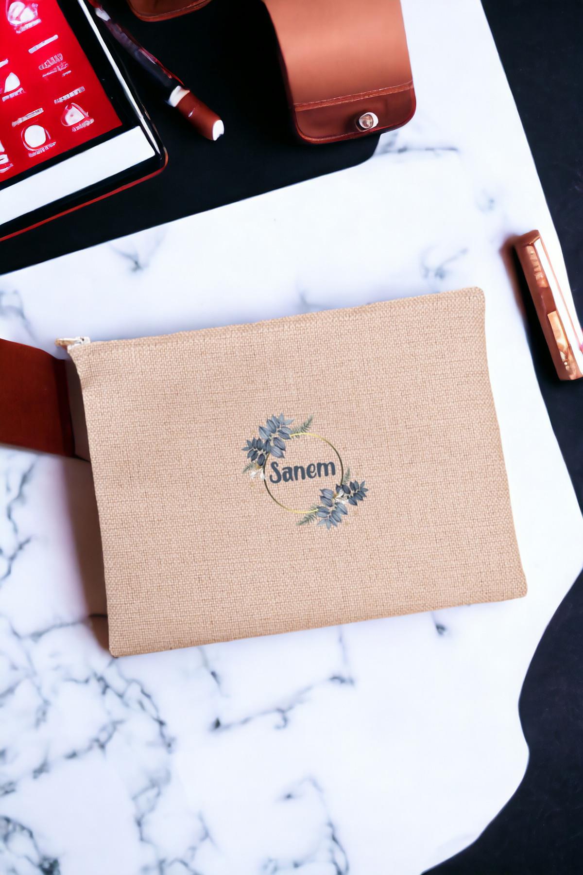 İsme Özel Çiçek Desenli Keten Bez El Çantası