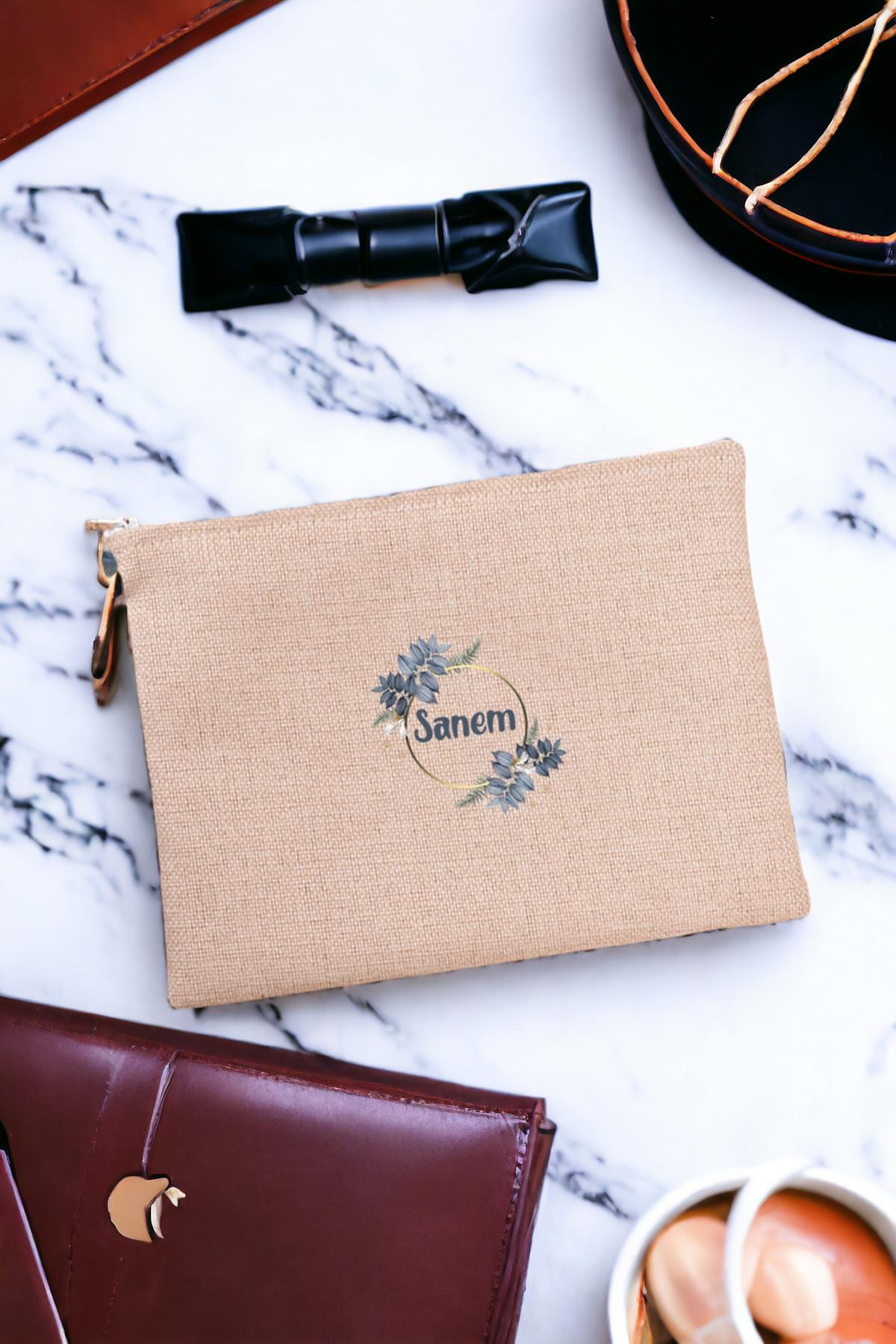 İsme Özel Çiçek Desenli Keten Bez El Çantası