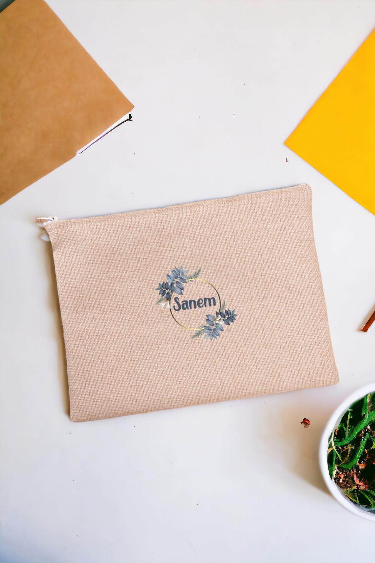 İsme Özel Çiçek Desenli Keten Bez El Çantası