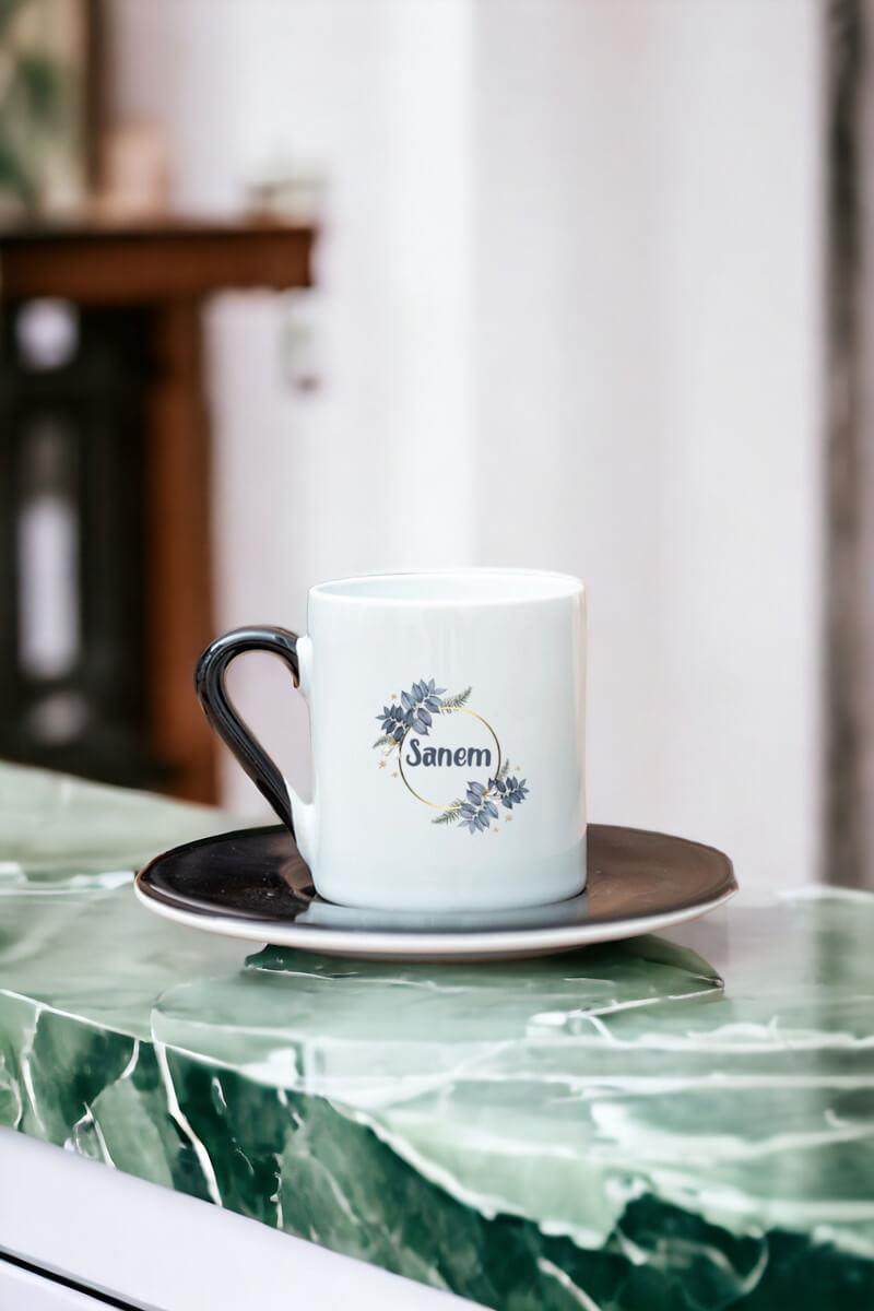 İsme Özel Çiçek Desenli Renkli Türk Kahvesi Fincanı