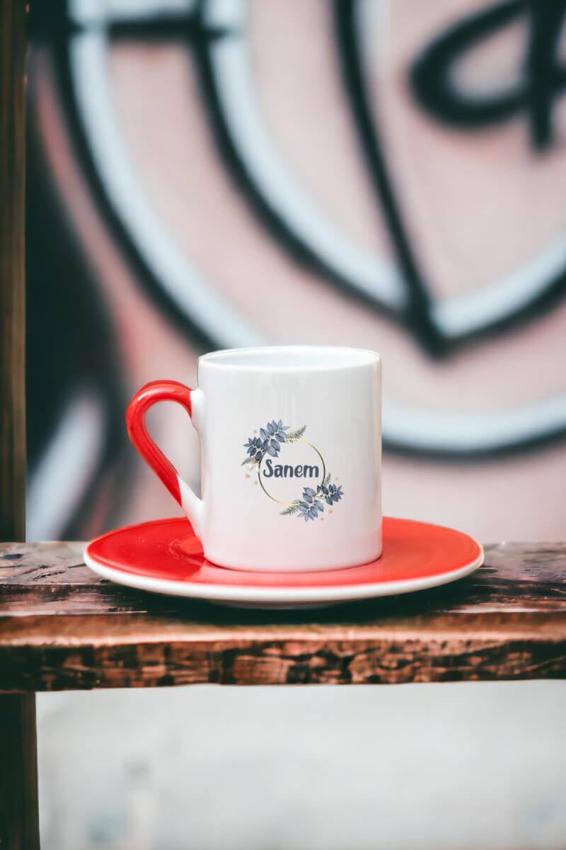 İsme Özel Çiçek Desenli Renkli Türk Kahvesi Fincanı