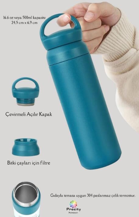 Japon Tarzı 500ml Tutacaklı ve Süzgeçli Mavi Promosyon Çelik Termos