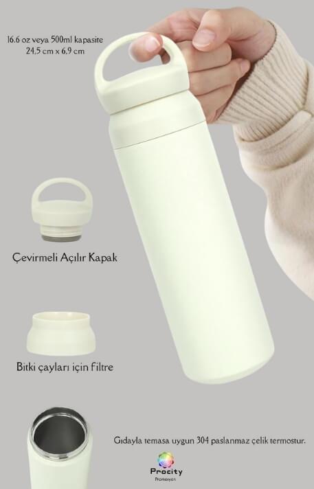 Japon Tarzı 500ml Tutacaklı ve Süzgeçli Beyaz Promosyon Çelik Termos
