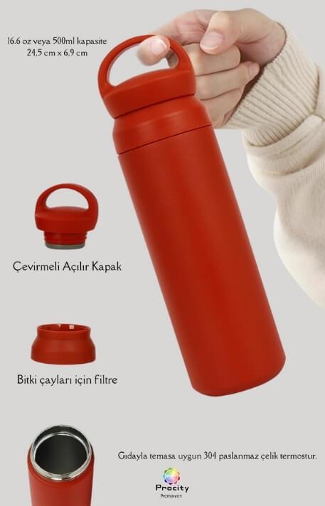 Japon Tarzı 500ml Tutacaklı ve Süzgeçli Kırmızı Promosyon Çelik Termos