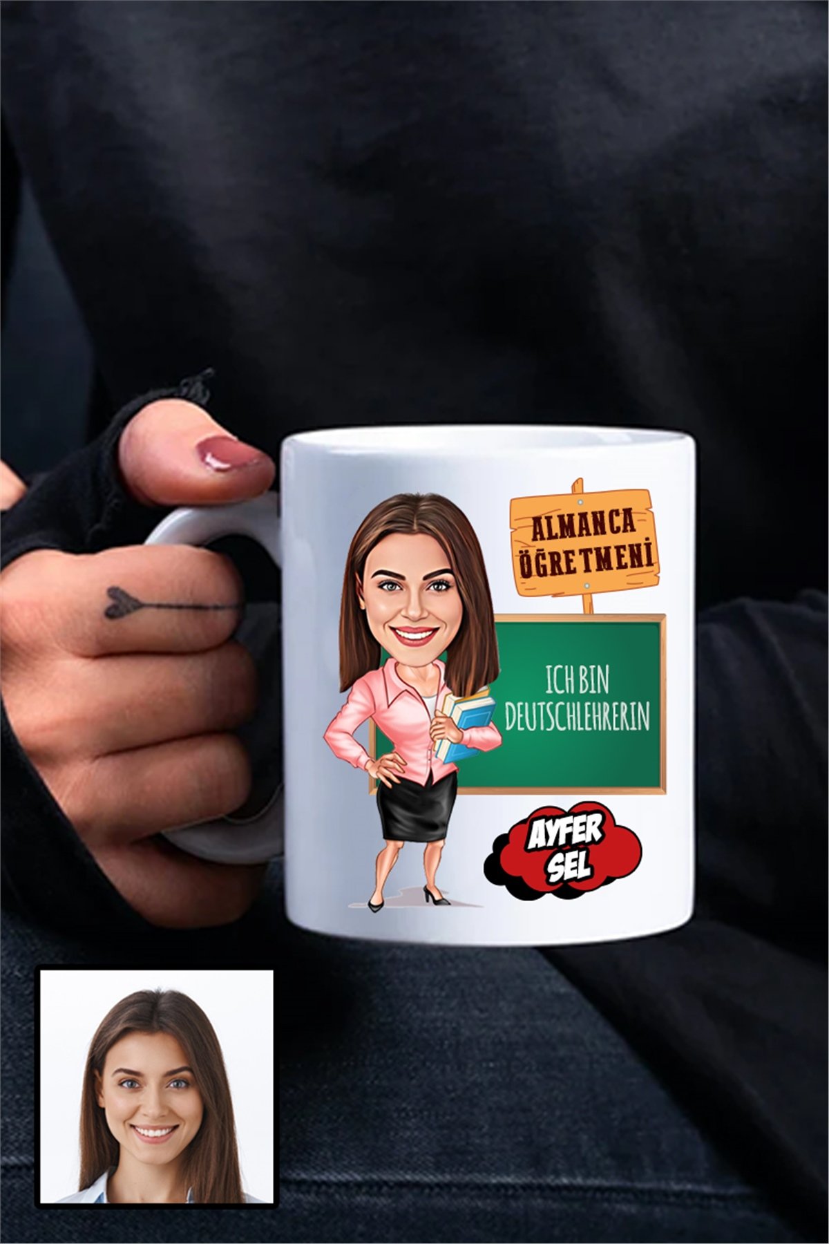 Kadın Almanca Öğretmenine Hediye Karikatürlü Beyaz Kupa Bardak