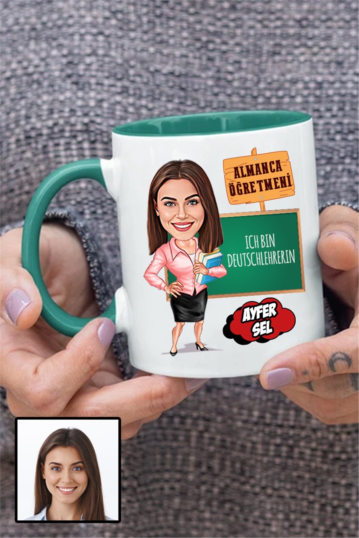Kadın Almanca Öğretmenine Özel Hediye Karikatürlü İçi Renkli Kupa Bardak