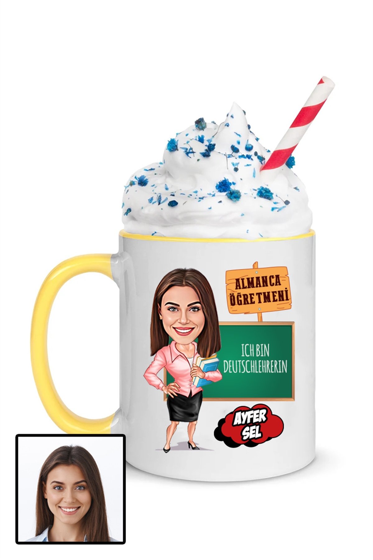 Kadın Almanca Öğretmenine Özel Hediye Karikatürlü İçi Renkli Kupa Bardak