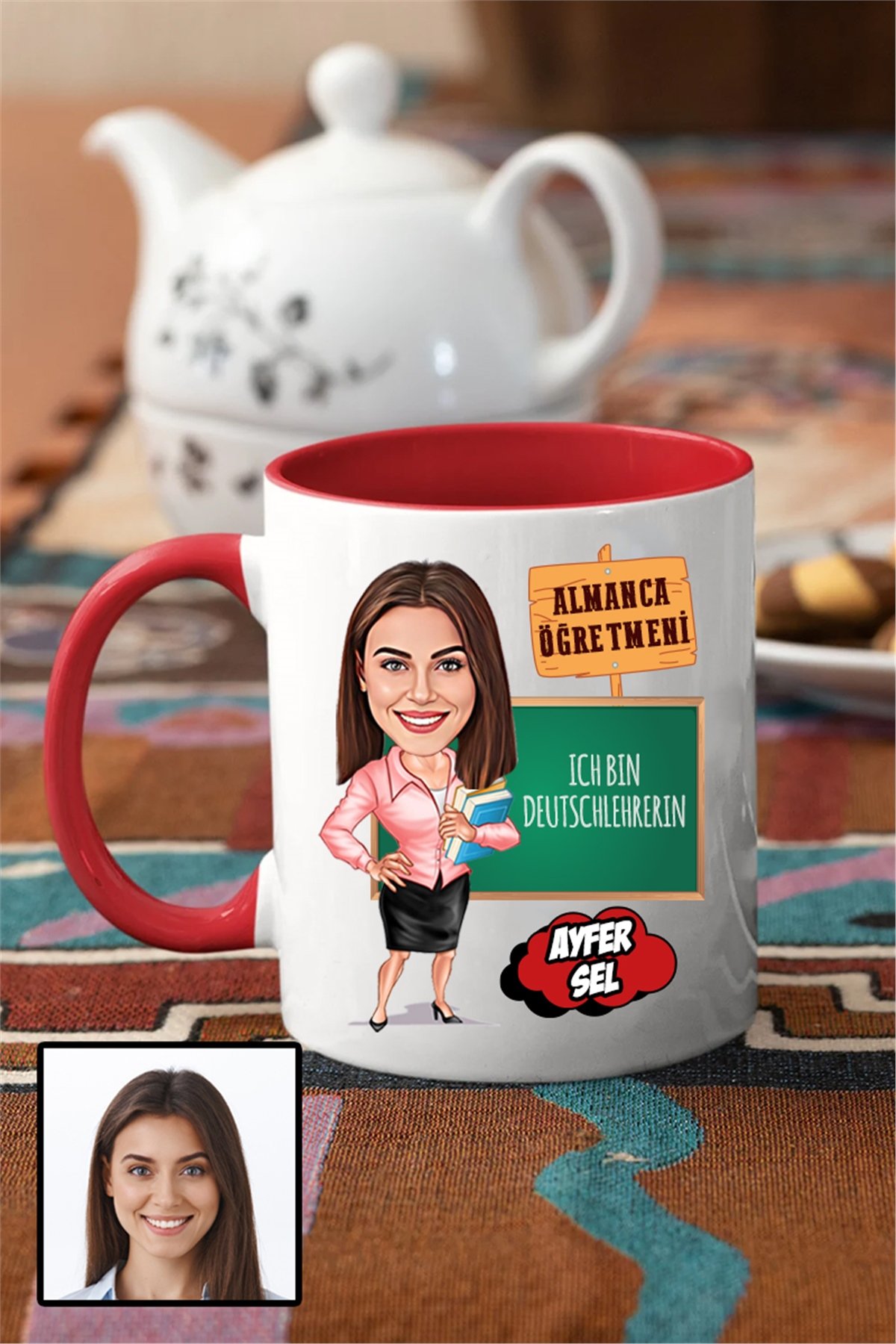 Kadın Almanca Öğretmenine Özel Hediye Karikatürlü İçi Renkli Kupa Bardak