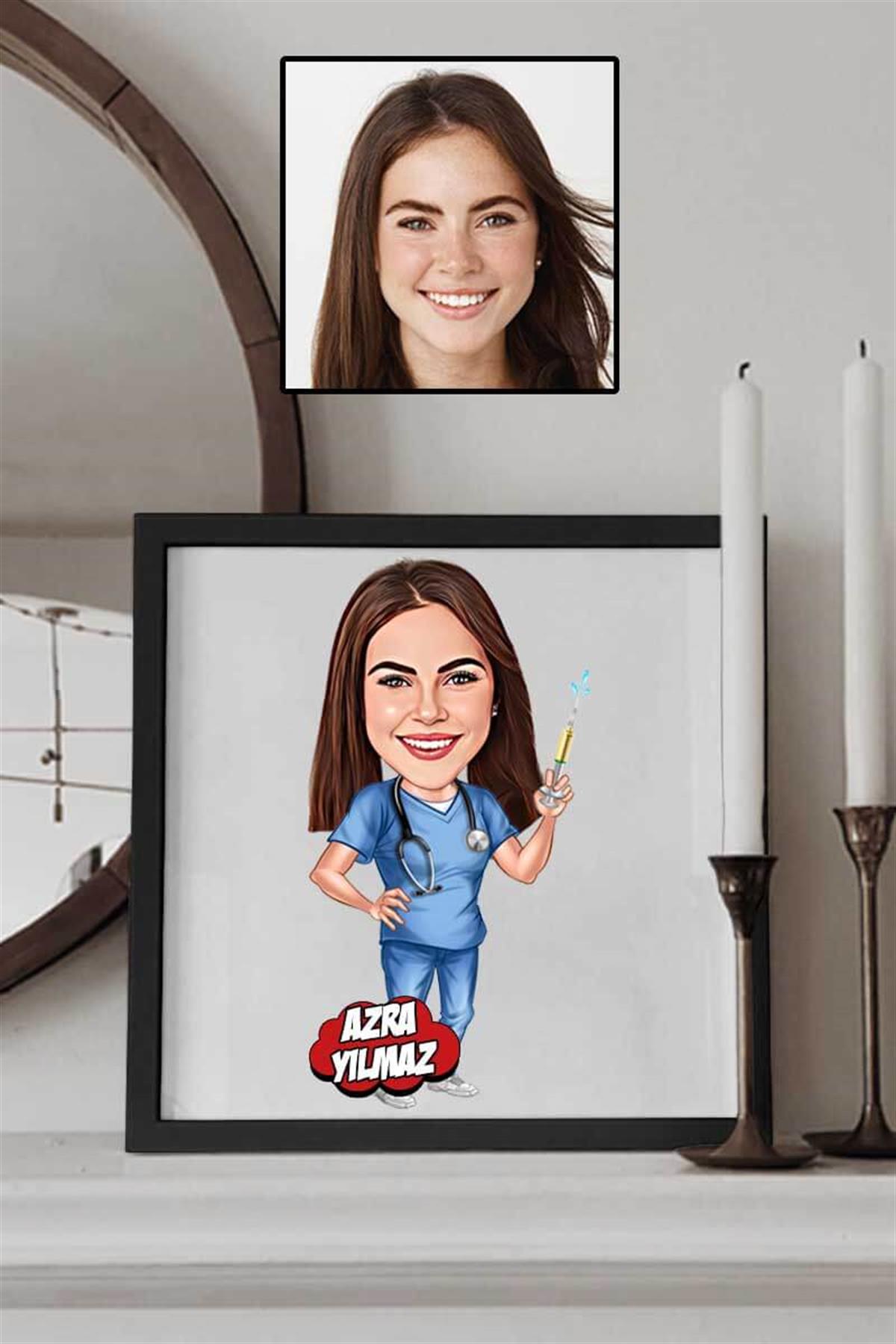 Kadın Anestezi Uzmanına Hediye Karikatürlü Kare Çerçeve