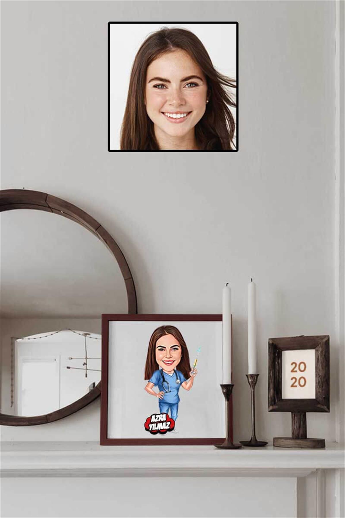 Kadın Anestezi Uzmanına Hediye Karikatürlü Kare Çerçeve