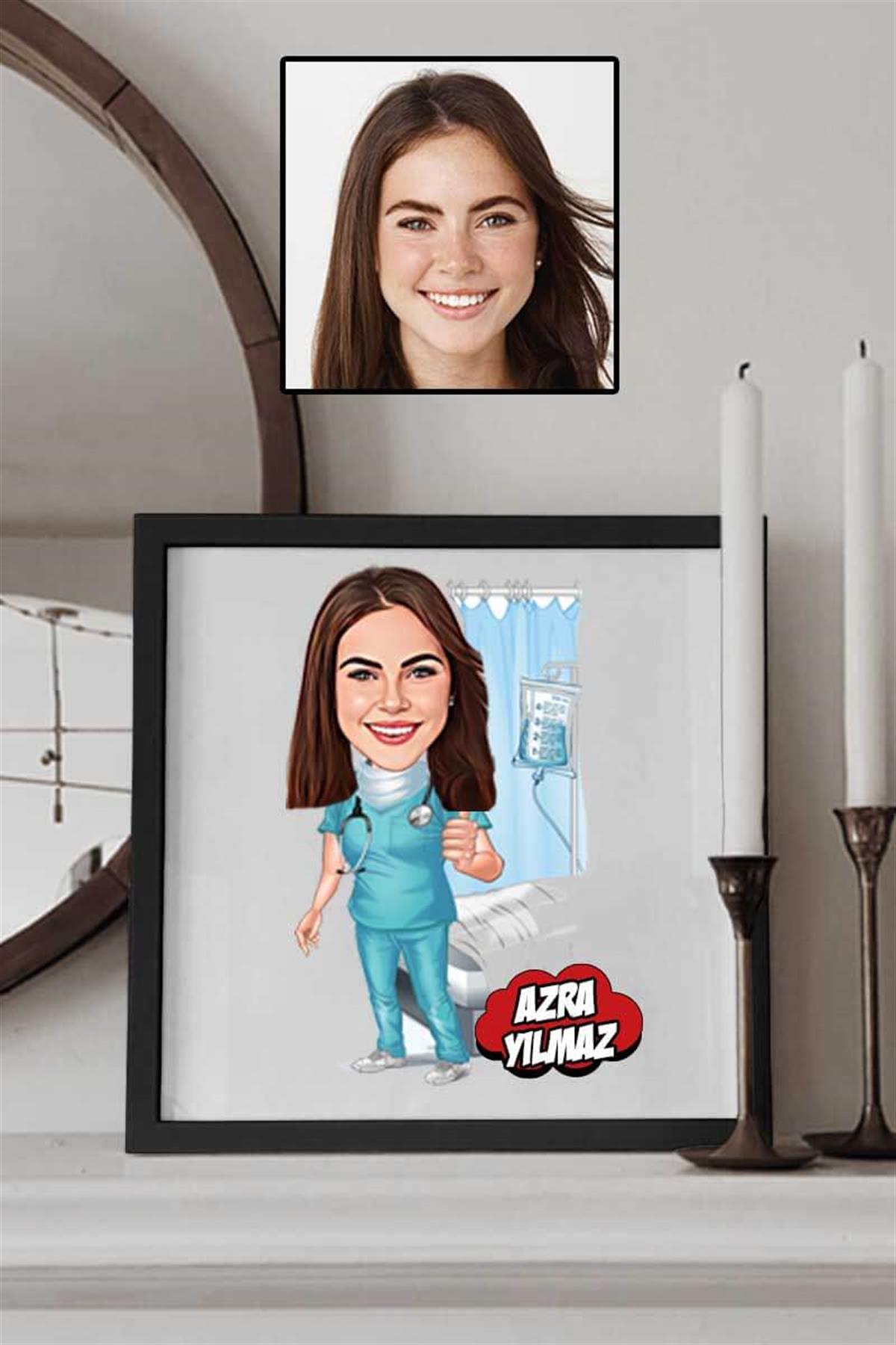 Kadın Doktora Teşekkür Hediyesi Karikatürlü Kare Çerçeve