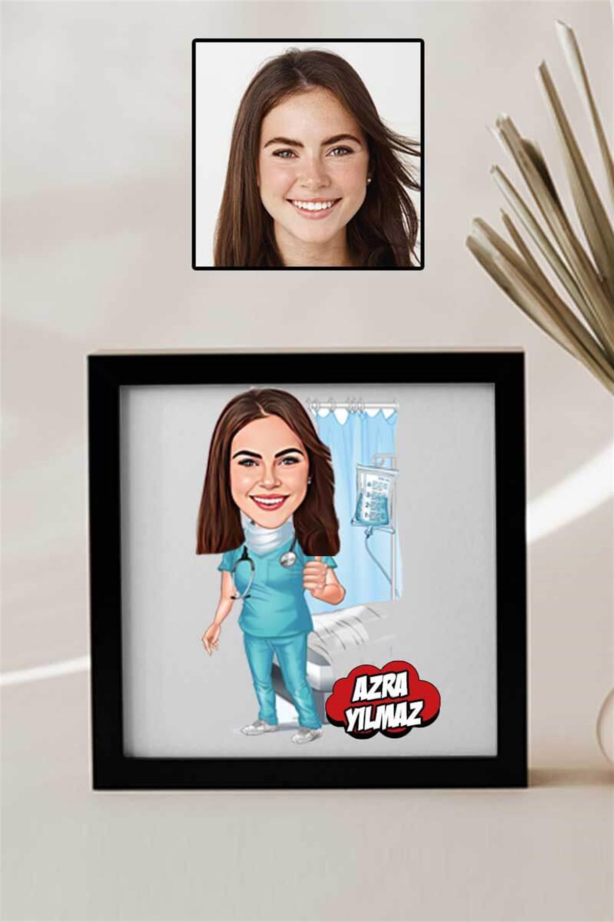 Kadın Doktora Teşekkür Hediyesi Karikatürlü Kare Çerçeve