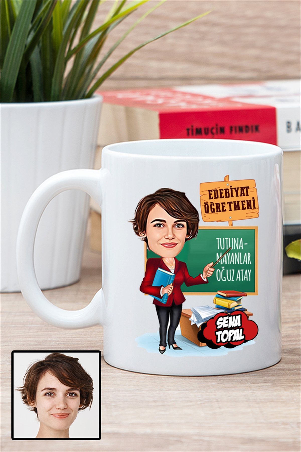 Kadın Edebiyat Öğretmenine Hediye Karikatürlü Beyaz Kupa Bardak