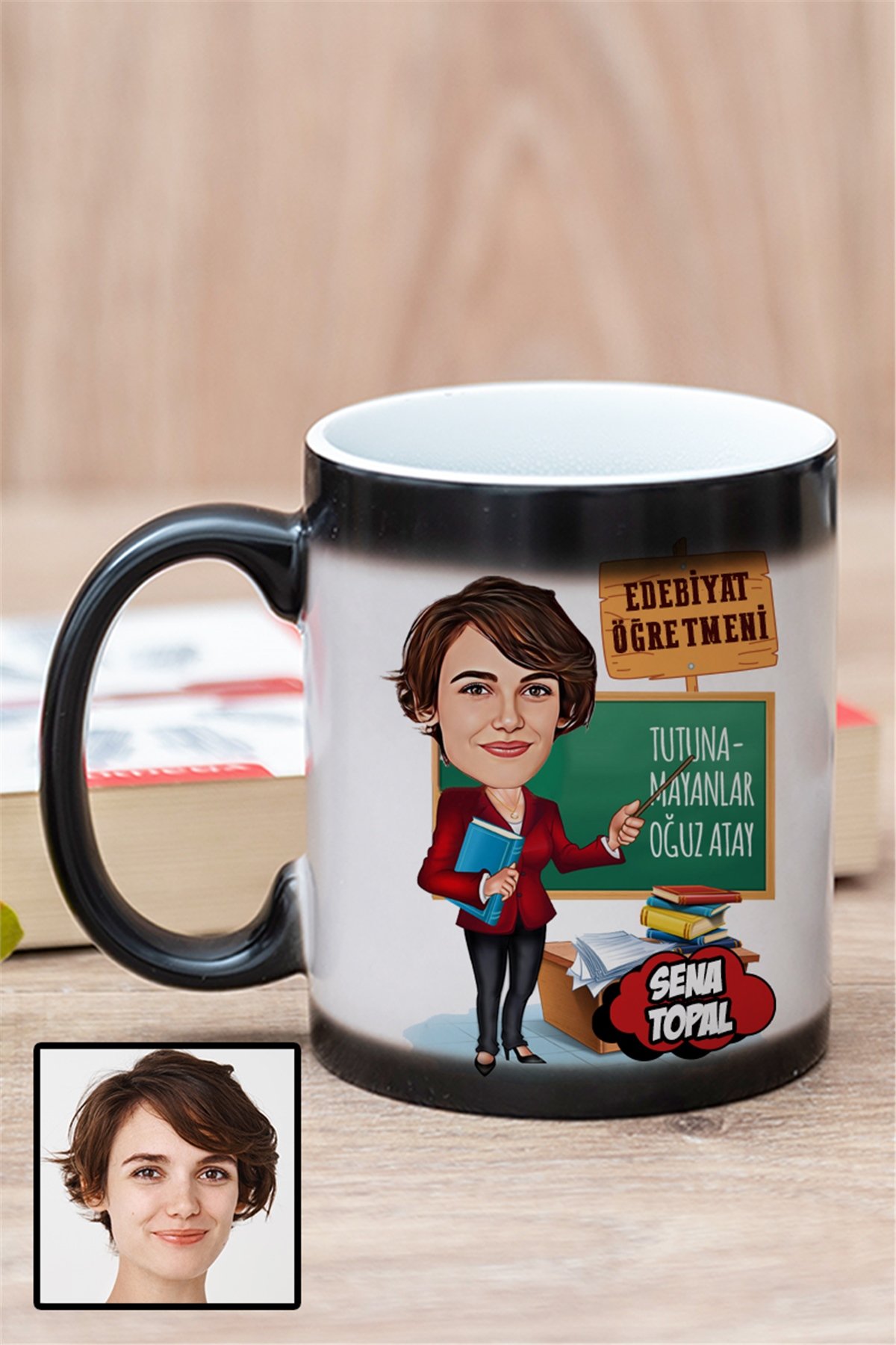 Kadın Edebiyat Öğretmenine Kişiye Özel Hediye Karikatürlü Sihirli Kupa Bardak