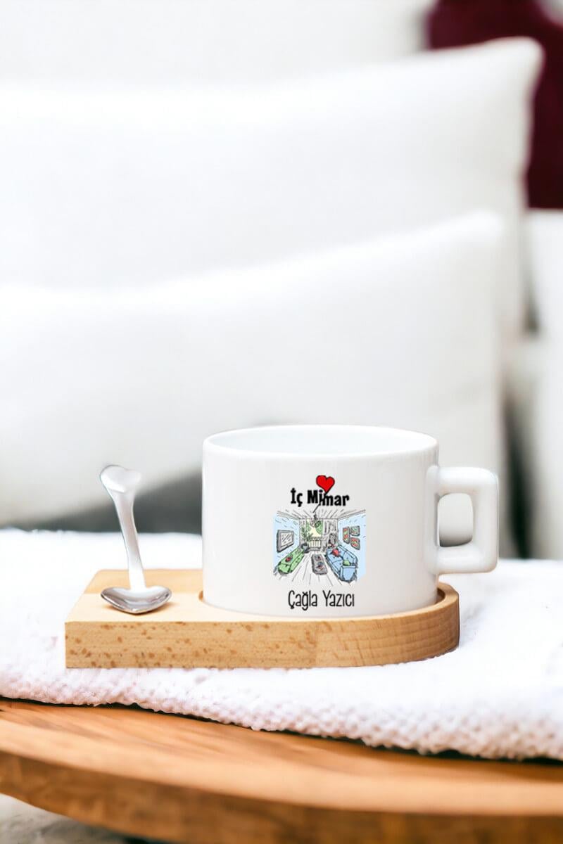 Kadın İç Mimara Hediye Kalp Kaşıklı Ahşap Altlıklı Fincan