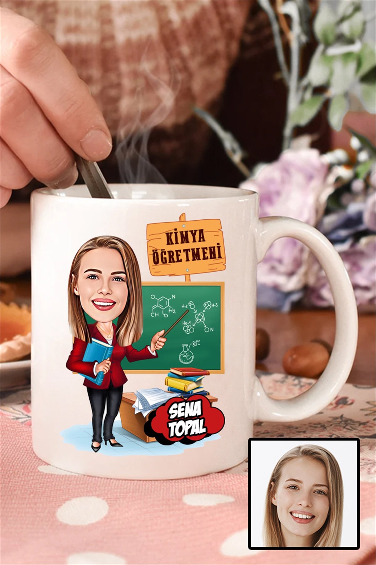 Kadın Kimya Öğretmenine Hediye Karikatürlü Beyaz Kupa Bardak