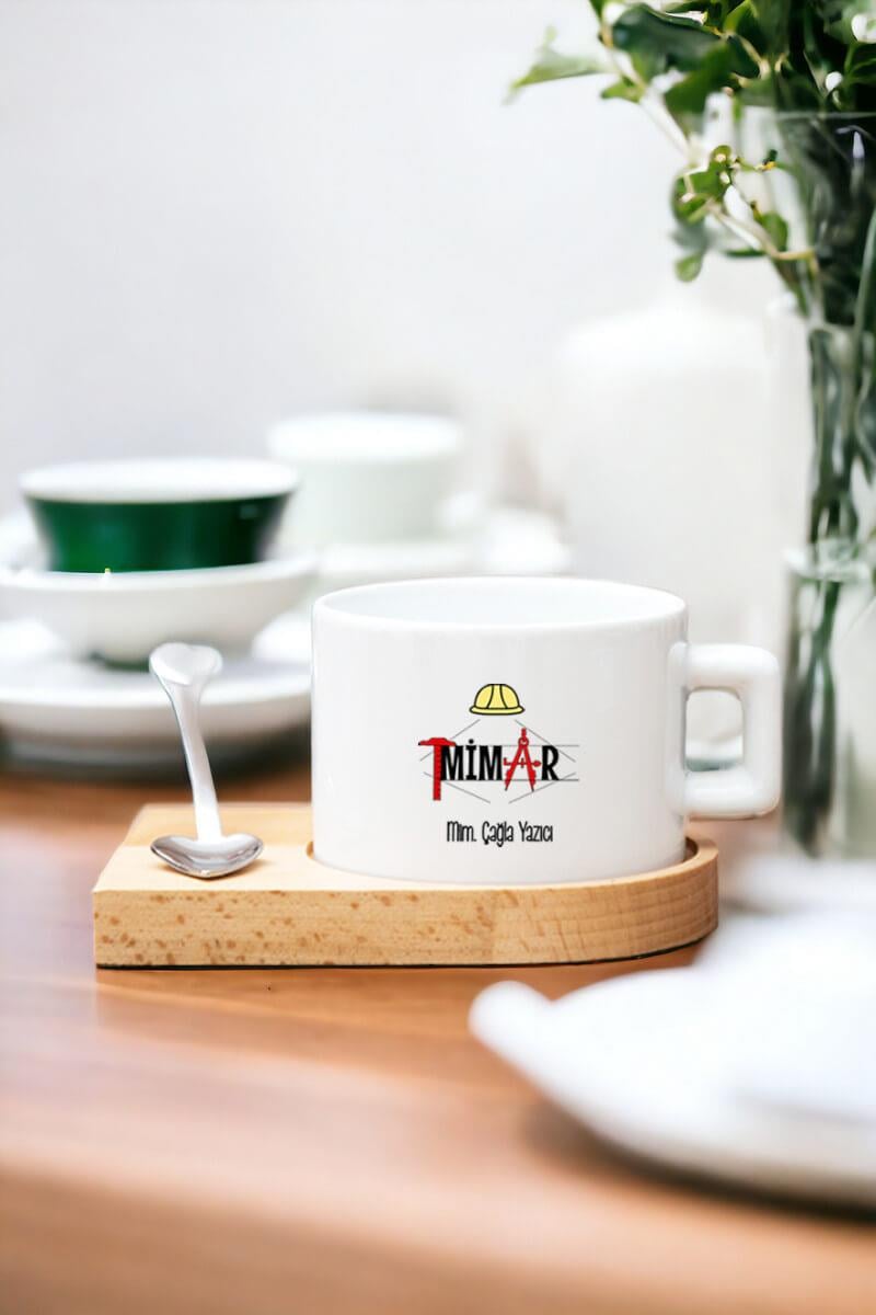 Kadın Mimarlara Hediye Kalp Kaşıklı Ahşap Altlıklı Fincan