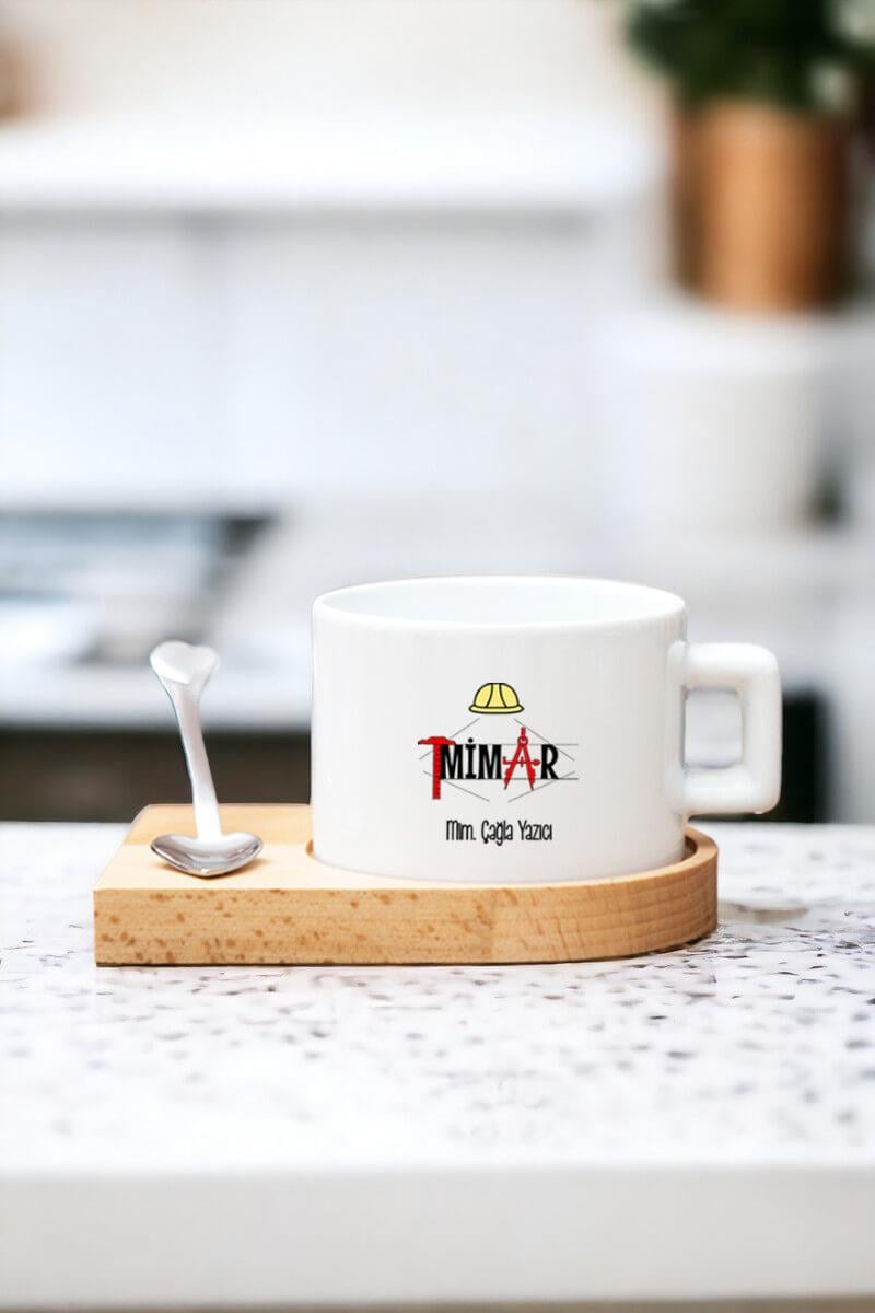 Kadın Mimarlara Hediye Kalp Kaşıklı Ahşap Altlıklı Fincan