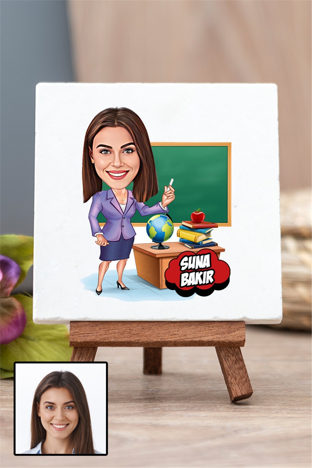 Kadın Öğretmene Hediye Karikatürlü Ahşap Şovaleli Taş Masa Dekoru