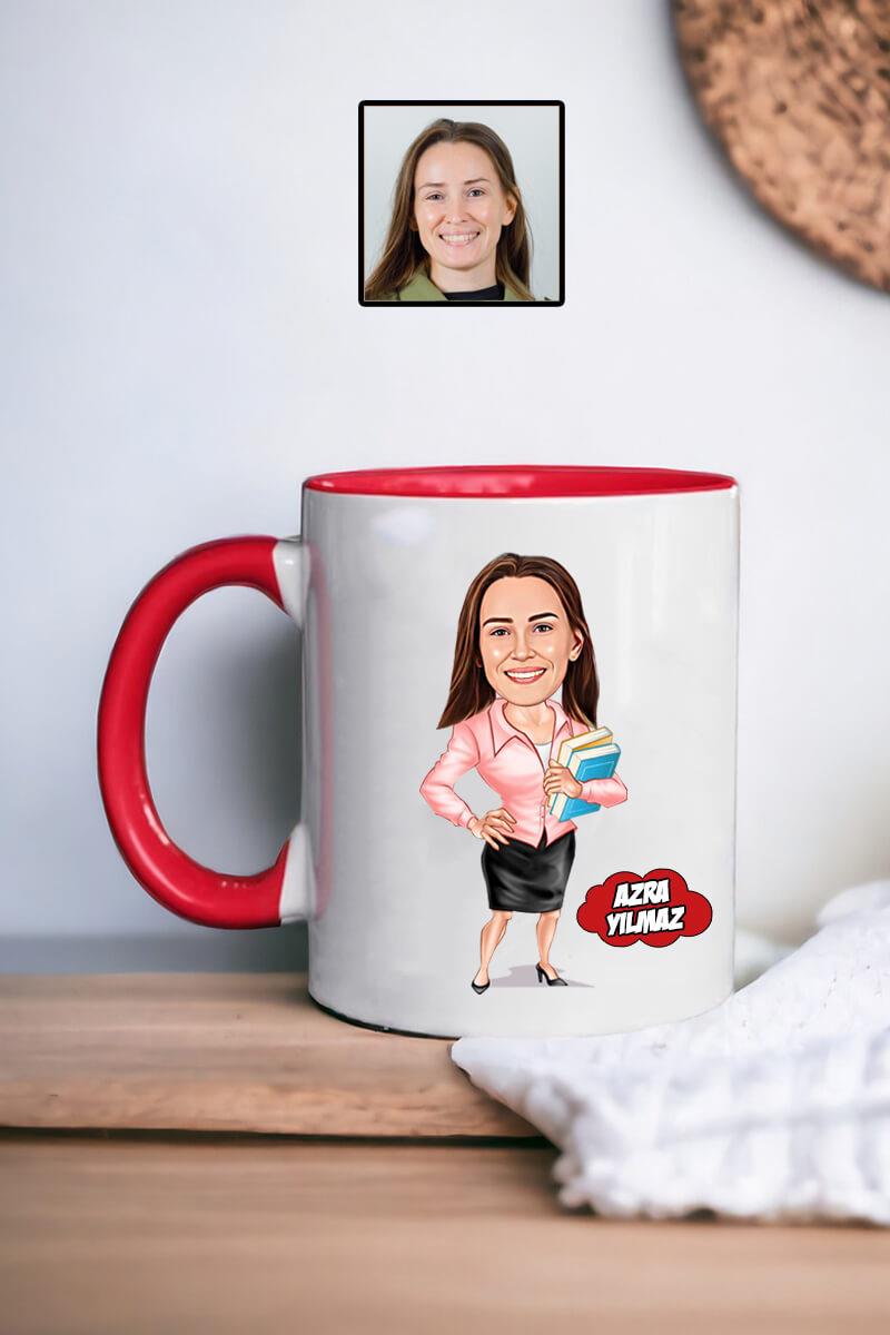 Kadın Öğretmene Hediye Kişiye Özel Karikatürlü Kupa Bardak