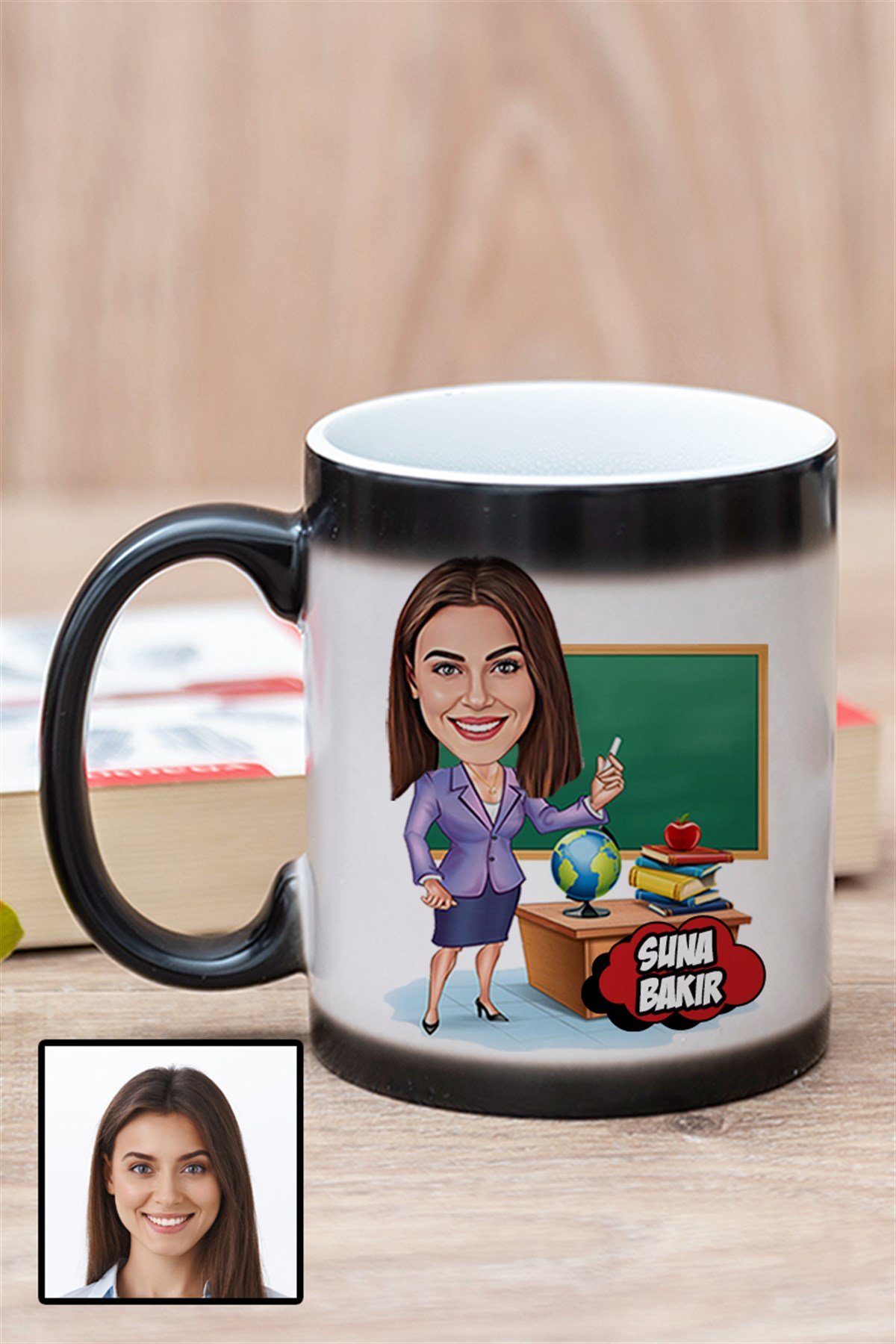 Kadın Öğretmene Kişiye Özel Hediye Karikatürlü Sihirli Kupa Bardak