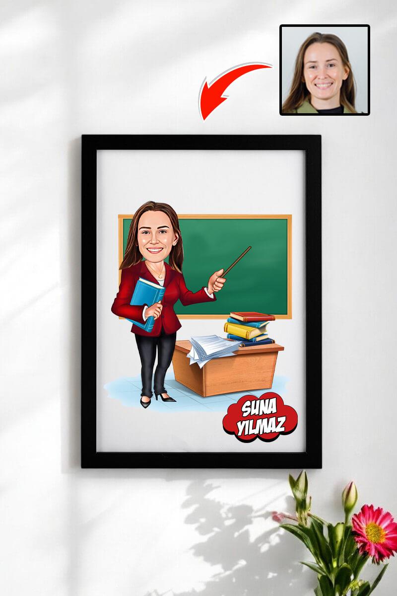 Kadın Öğretmene Öğretmenler Günü Hediyesi Karikatürlü Çerçeve