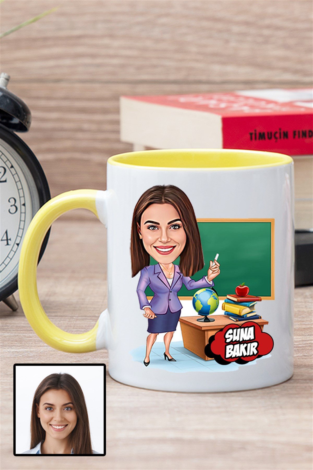 Kadın Öğretmene Özel Hediye Karikatürlü İçi Renkli Kupa Bardak