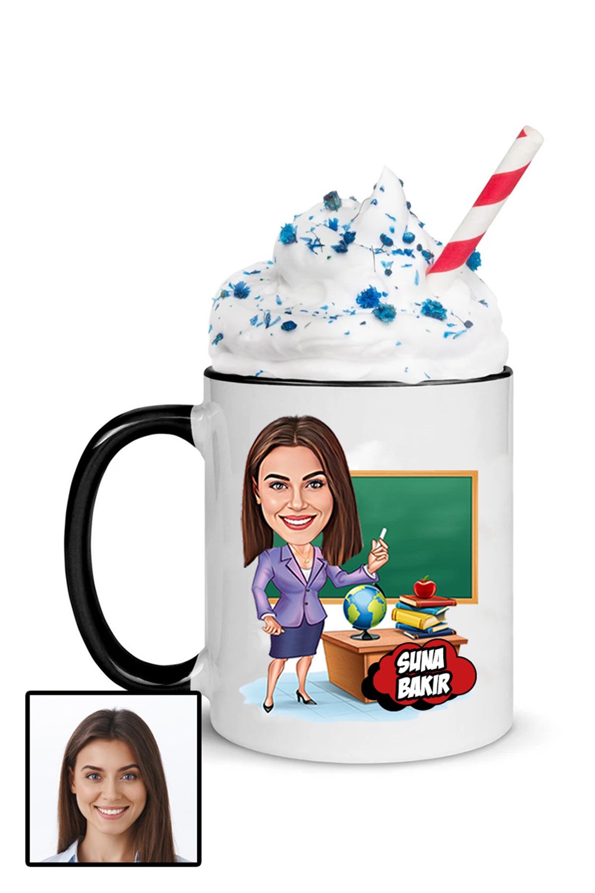 Kadın Öğretmene Özel Hediye Karikatürlü İçi Renkli Kupa Bardak