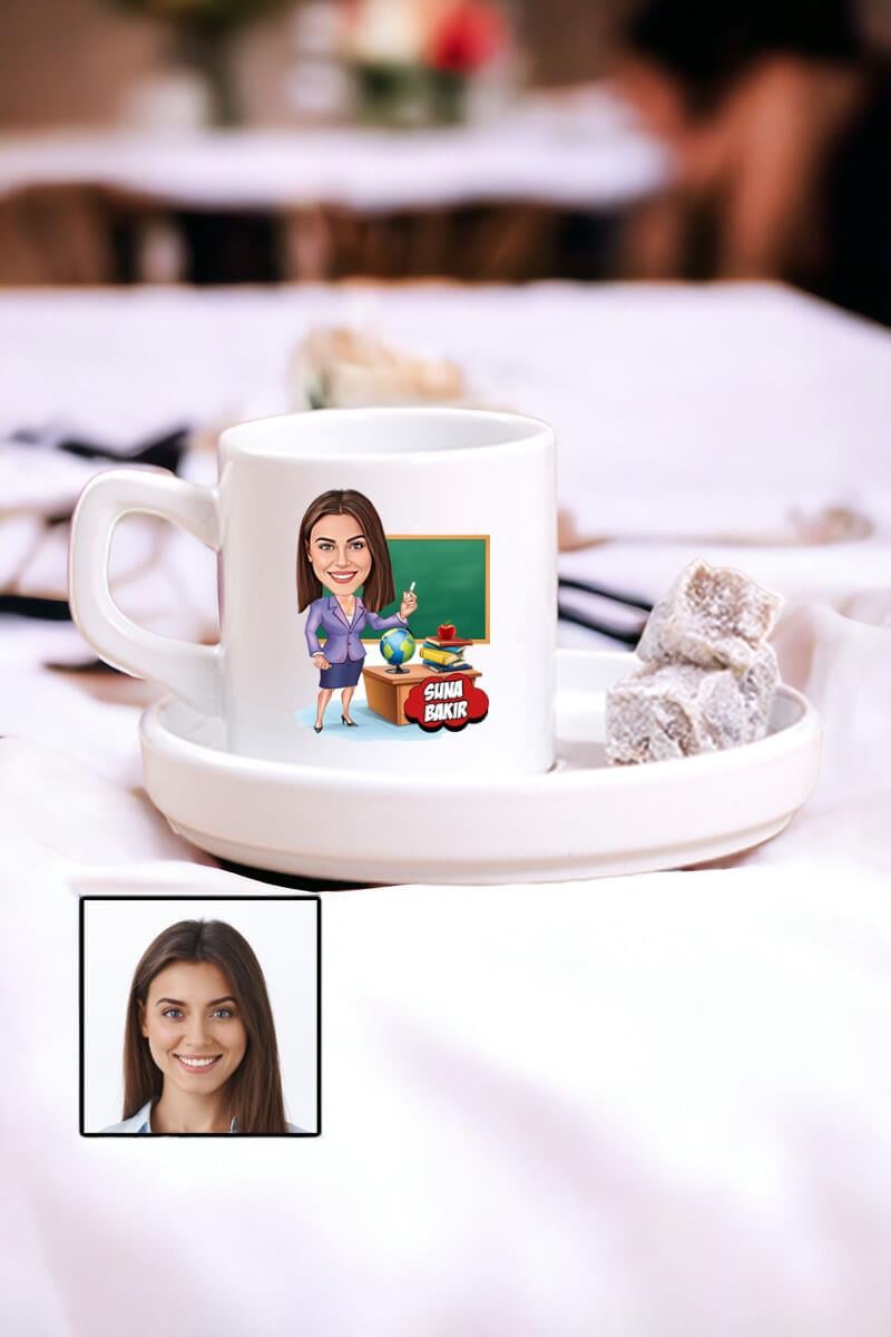 Kadın Öğretmene Özel Hediye Karikatürlü Concept Türk Kahvesi Fincanı