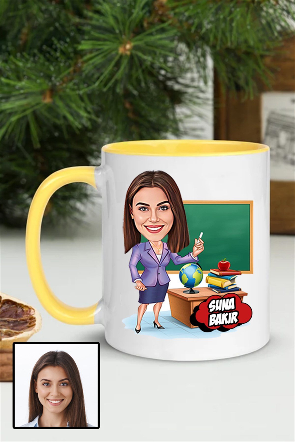 Kadın Öğretmene Özel Hediye Karikatürlü İçi Renkli Kupa Bardak