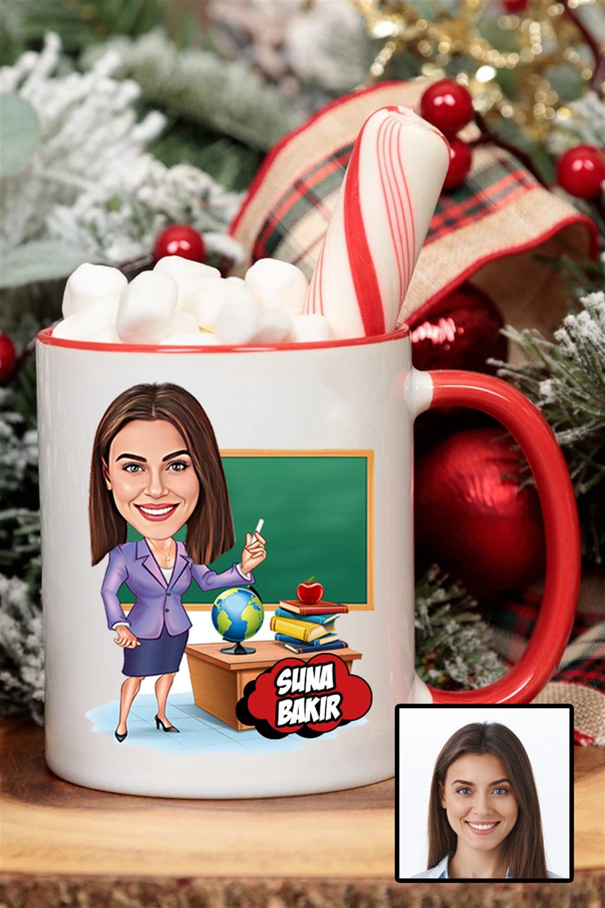 Kadın Öğretmene Özel Hediye Karikatürlü İçi Renkli Kupa Bardak