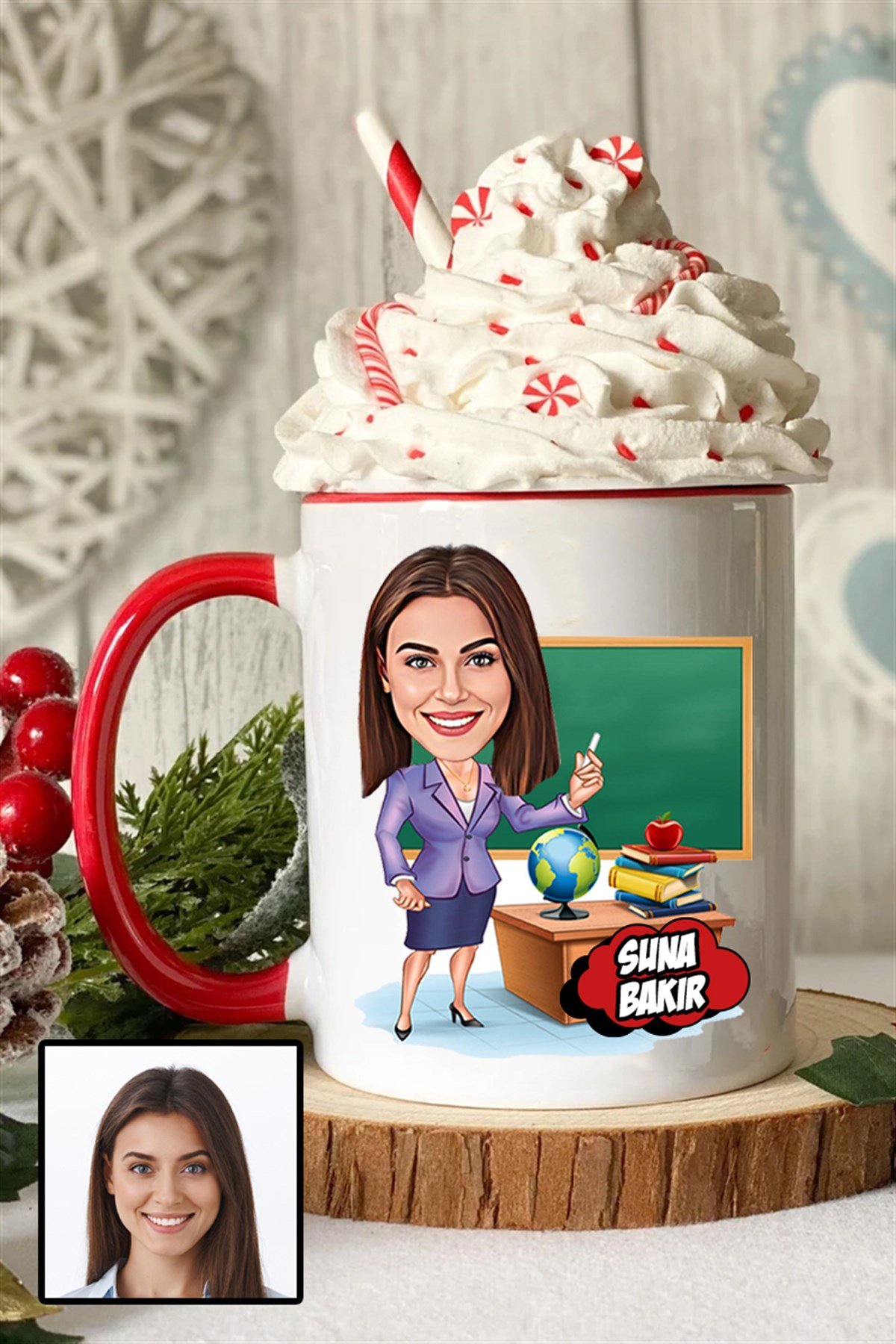 Kadın Öğretmene Özel Hediye Karikatürlü İçi Renkli Kupa Bardak