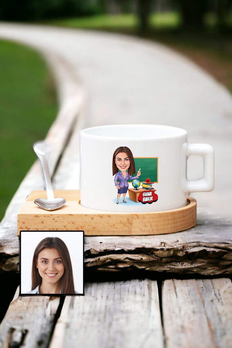 Kadın Öğretmene Özel Hediye Karikatürlü Ahşap Altlıklı Fincan