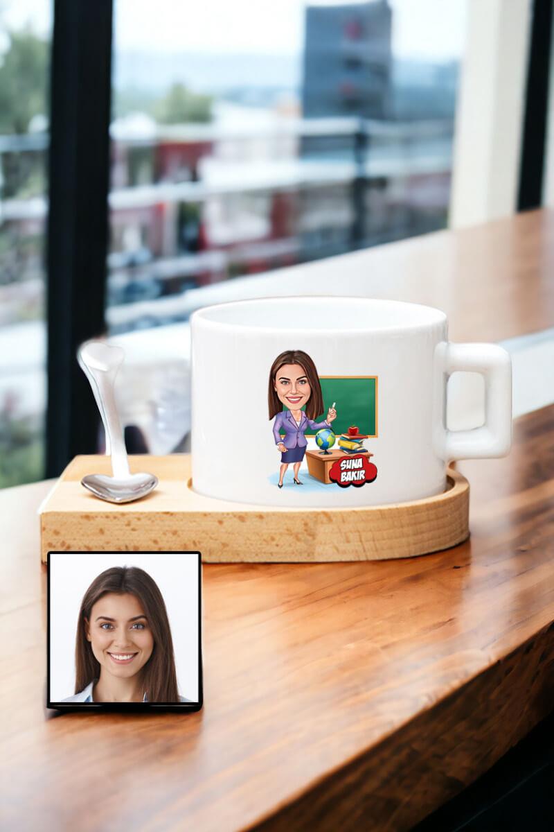 Kadın Öğretmene Özel Hediye Karikatürlü Ahşap Altlıklı Fincan