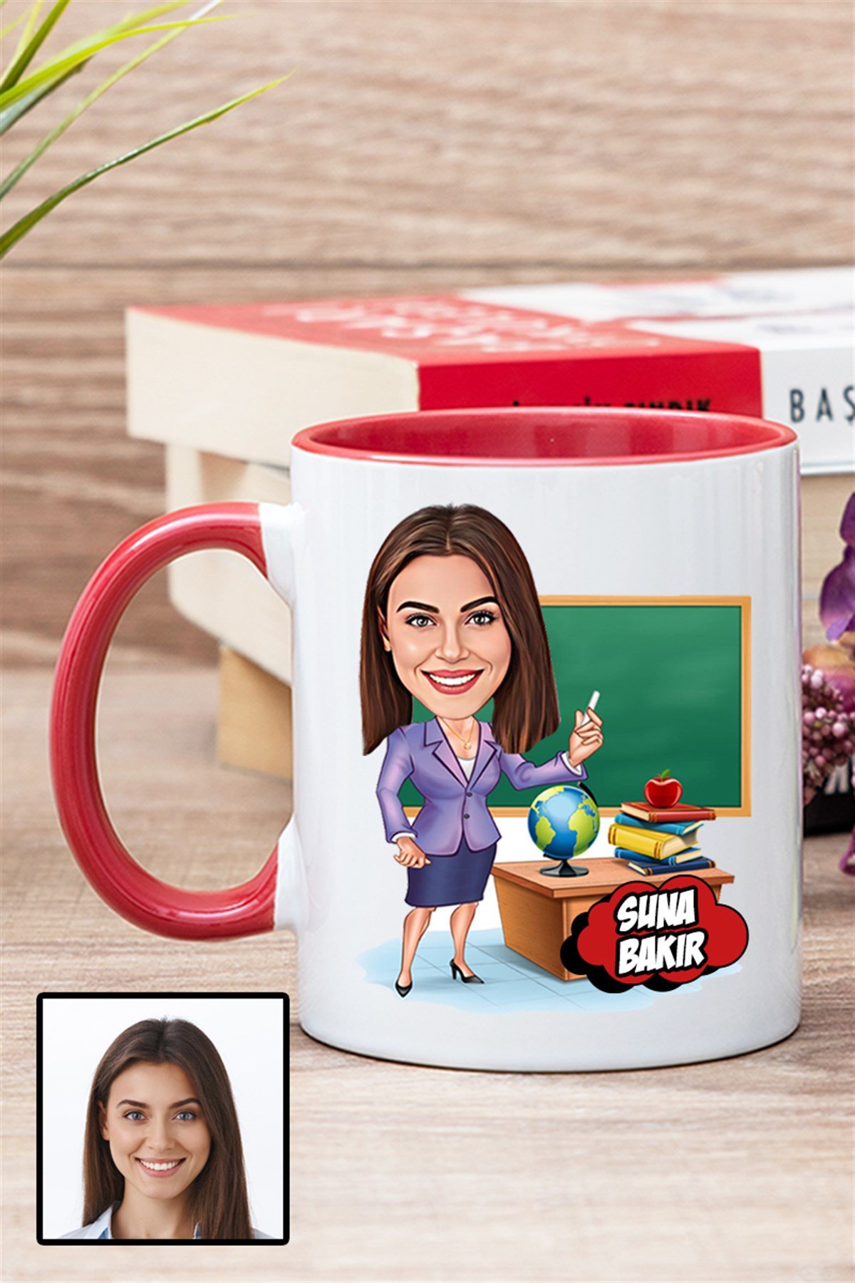 Kadın Öğretmene Özel Hediye Karikatürlü İçi Renkli Kupa Bardak