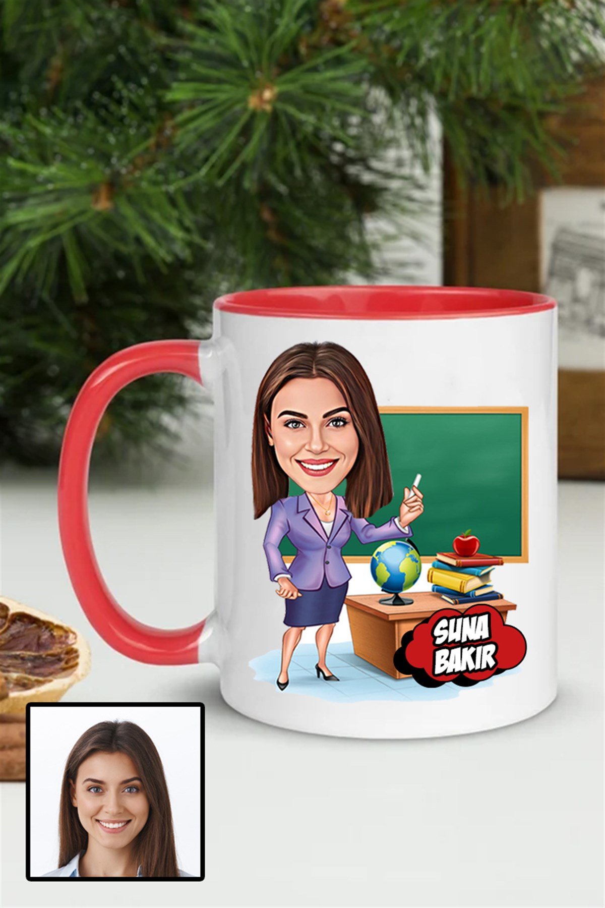 Kadın Öğretmene Özel Hediye Karikatürlü İçi Renkli Kupa Bardak