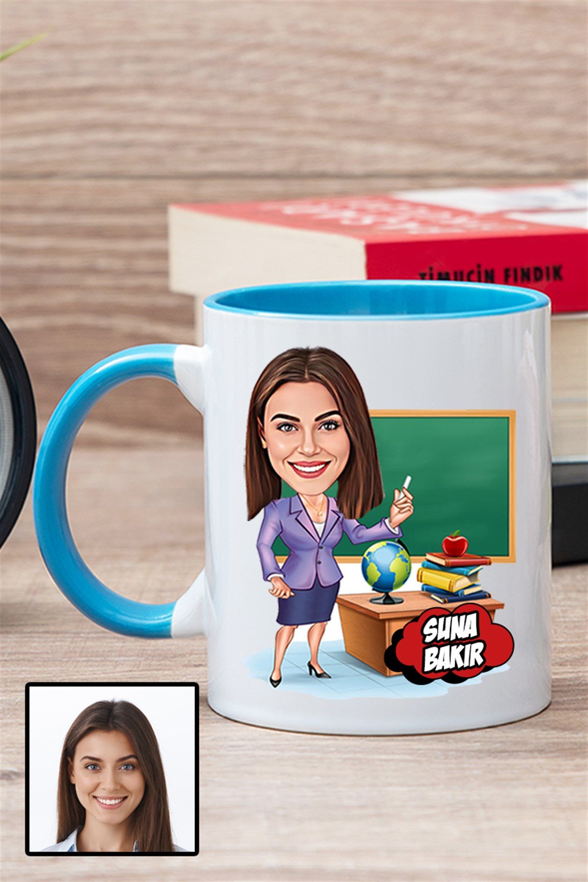 Kadın Öğretmene Özel Hediye Karikatürlü İçi Renkli Kupa Bardak