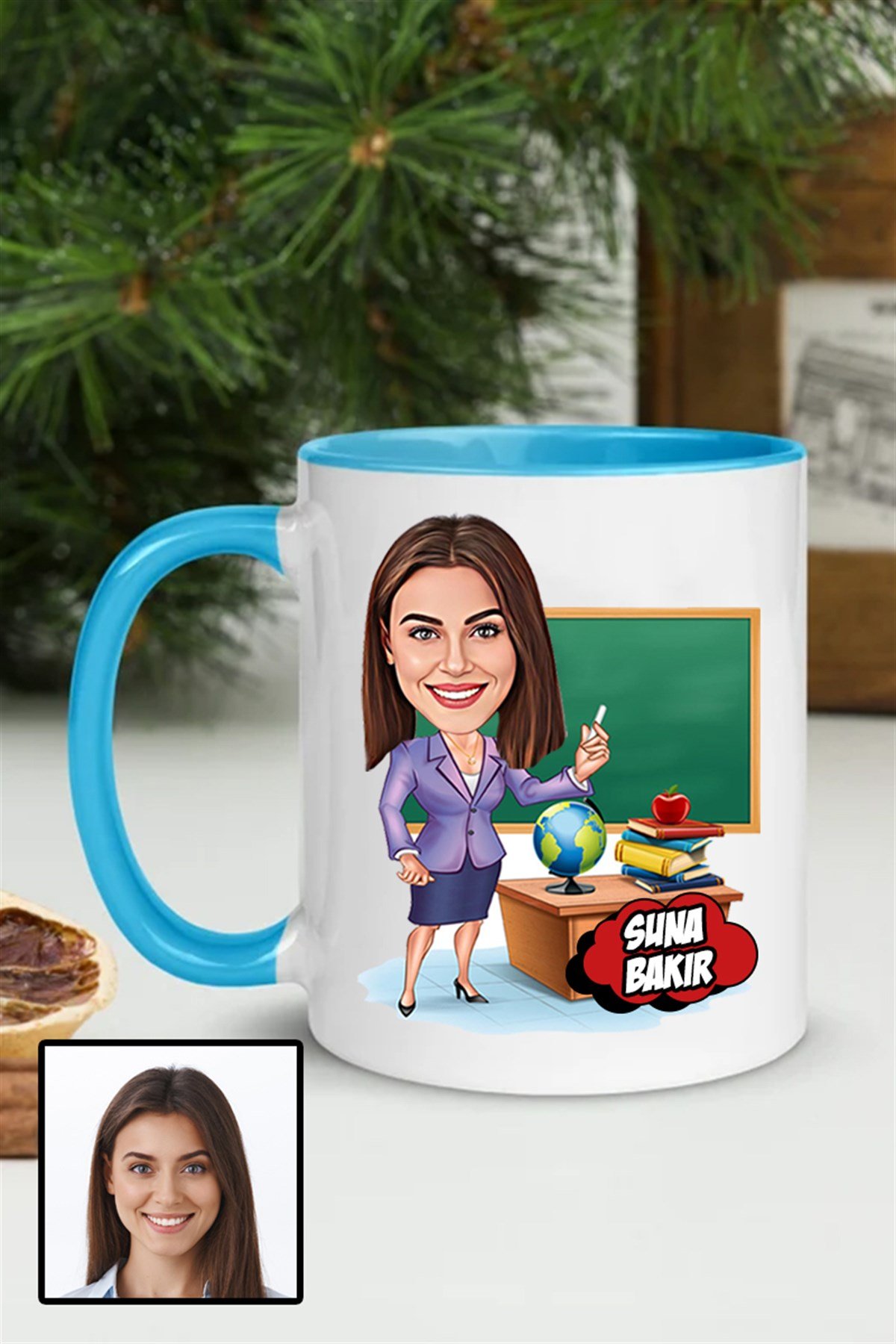 Kadın Öğretmene Özel Hediye Karikatürlü İçi Renkli Kupa Bardak
