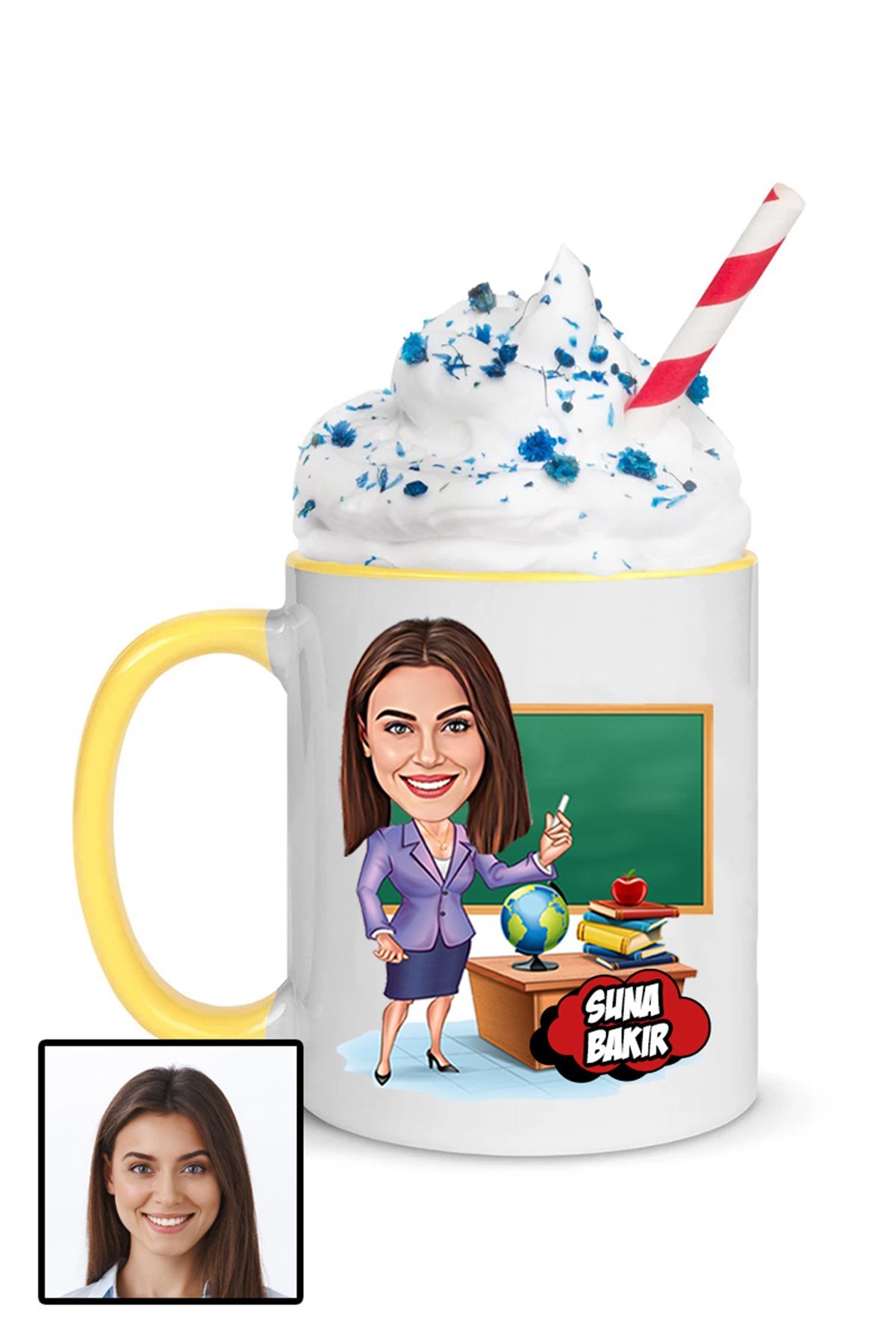 Kadın Öğretmene Özel Hediye Karikatürlü İçi Renkli Kupa Bardak