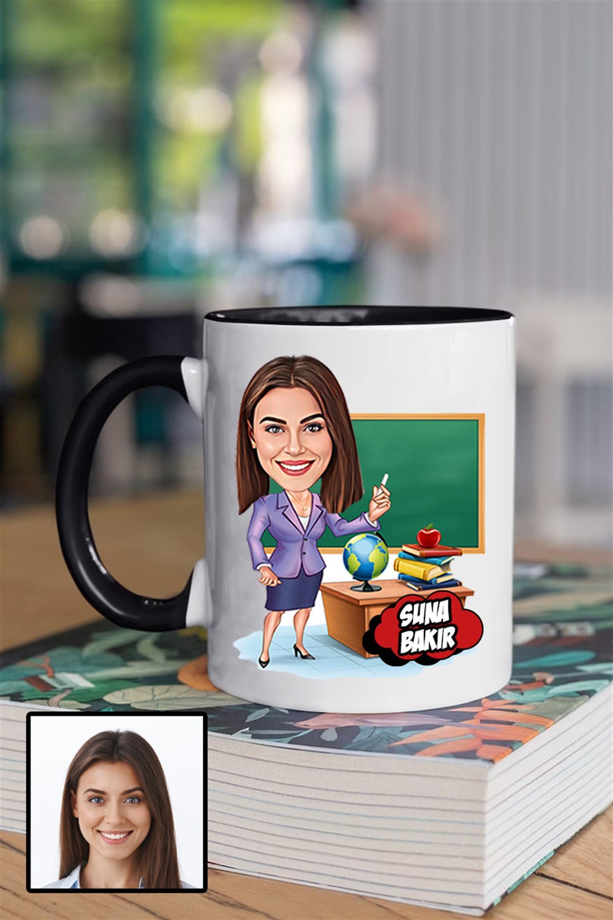 Kadın Öğretmene Özel Hediye Karikatürlü İçi Renkli Kupa Bardak
